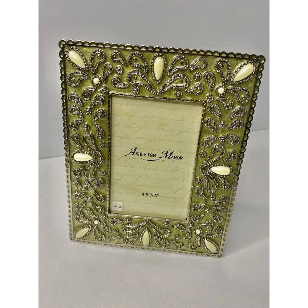 Ashleigh Manor Picture Photo Frame Jeweled Green Enamel Easel Back 3.5x5” Pewter